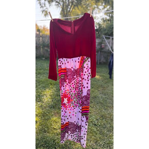 Vintage 1960s Velvet & Psychedelic Print Maxi Dress Burgundy Mod Evening Gown - Picture 1 of 8